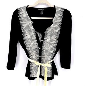 The Wrights Black Silk Cashmere Sweater Set Lace Trim Size S Romantic Luxury 2pc